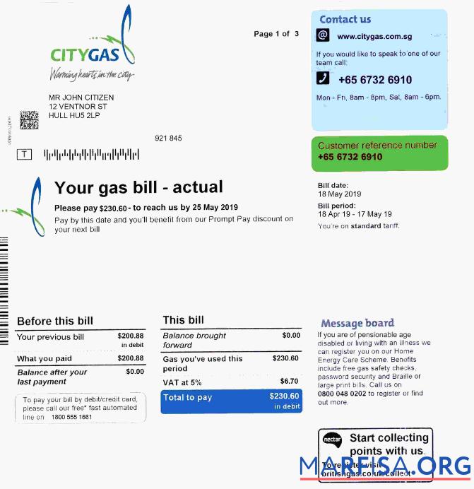 Realistic Singapore City Gas utility bill template, fully editable in PSD format
